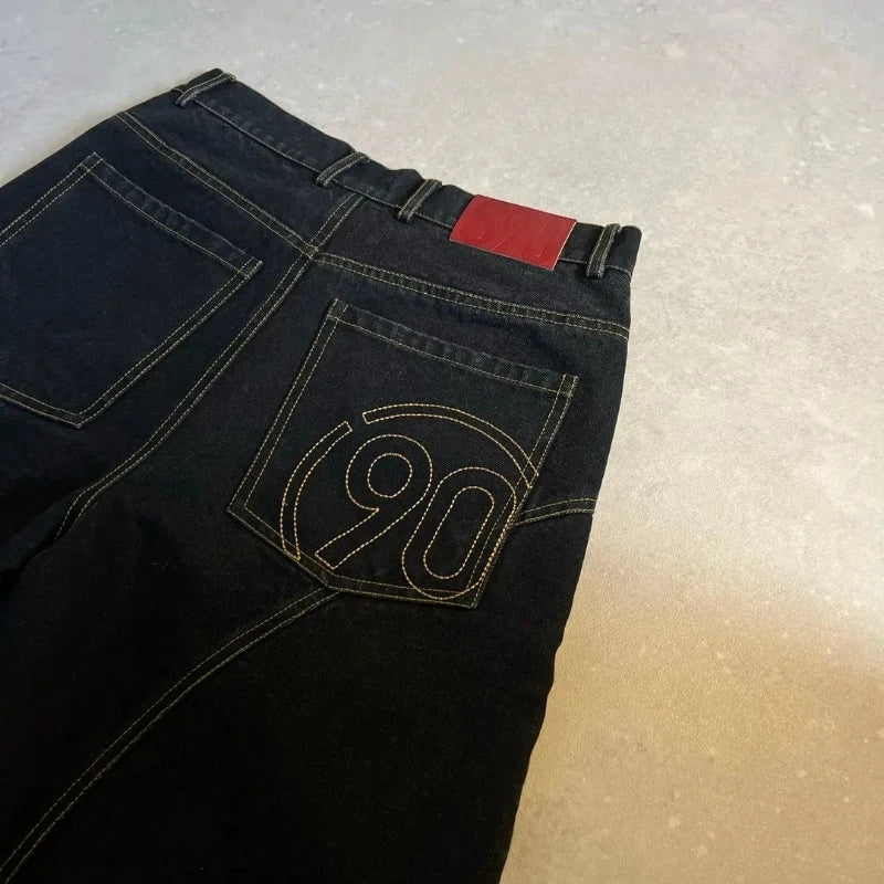 STORESDE Y2K American Vintage Denim Shorts Embroidery Number 90 Pattern Bright Line Street Shorts Hip Hop Harajuku Unisex Wide Leg Pants