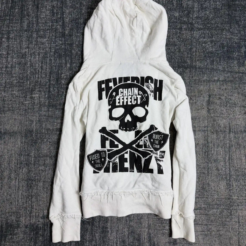 STORESDE Retro Dark Style Zipper Hoodie Y2K Clothes Mens Womens Hip Hop Skull Patch Embroidery White Oversized Sweatshirt Casual Jacket