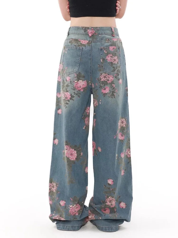STORESDE 2025 Ropa Y2K Fashion Peach Blossom Printed Baggy Jeans Pants For Women Clothing Wide Leg Casual Lady Trousers Pantalon Femme