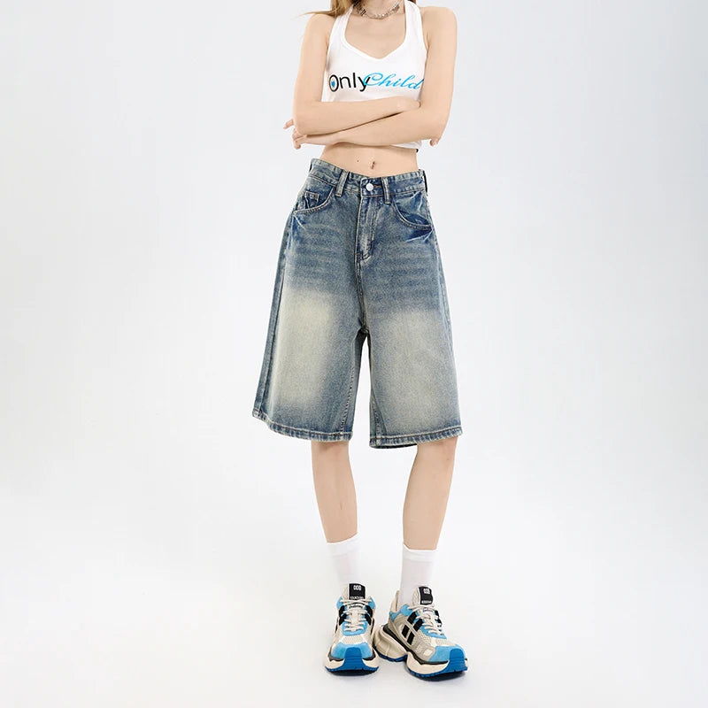 STORESDE 2026 Korean Street Casual Y2K Loose Wide-leg Denim Shorts Five-point Baggy Jeans Women's All-match Straight Summer Hot Shorts