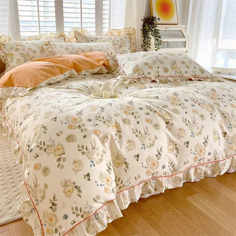STORESDE New Ruffles 100% Cotton Duvet Cover Set or Single Duvet Covers Floral Princess Style All Cotton Quilt Cover Queen Blanket Cover