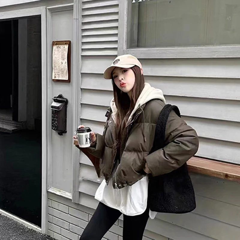 STORESDE Hooded Short Parkas Women Fashion Black Patchwork Puffer Jacket Winter Streetwear Down Coats Korean Cotton Padded Outerwears New