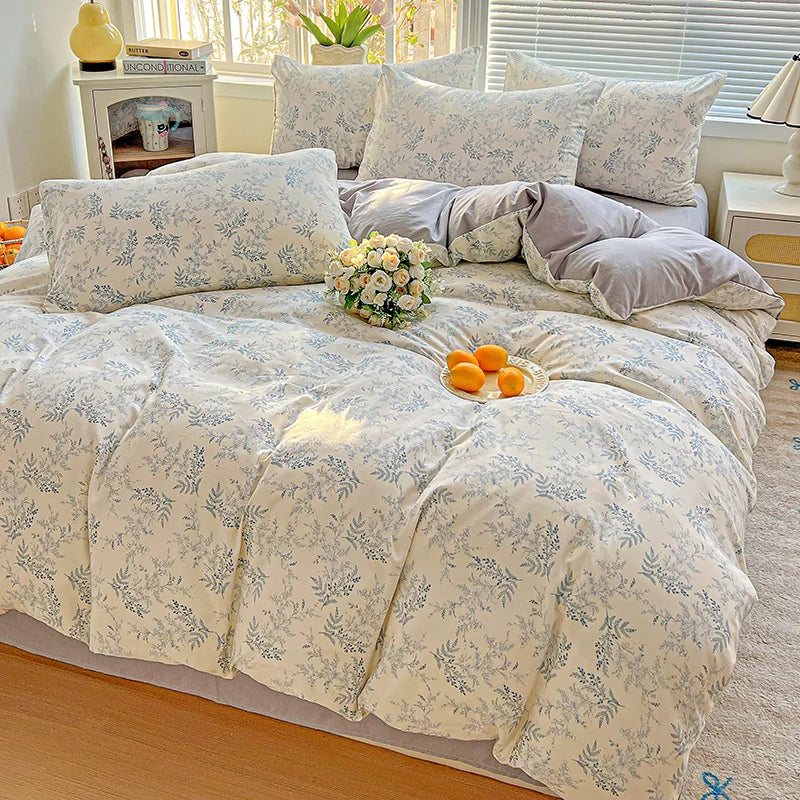 STORESDE American Pastoral Floral Printed Bedding Set Soft Skin-Friendly Double King Size Duvet Cover Set with Flat Sheet and Pillowcases