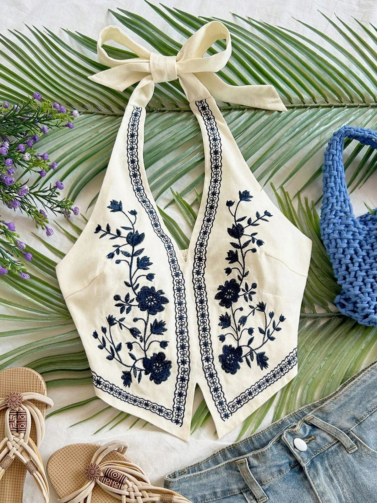 STORESDE Women Floral Embroidered Halter Top Boho Sleeveless Backless Tie Neck Crop Tank Summer Beach Vacation Camisole