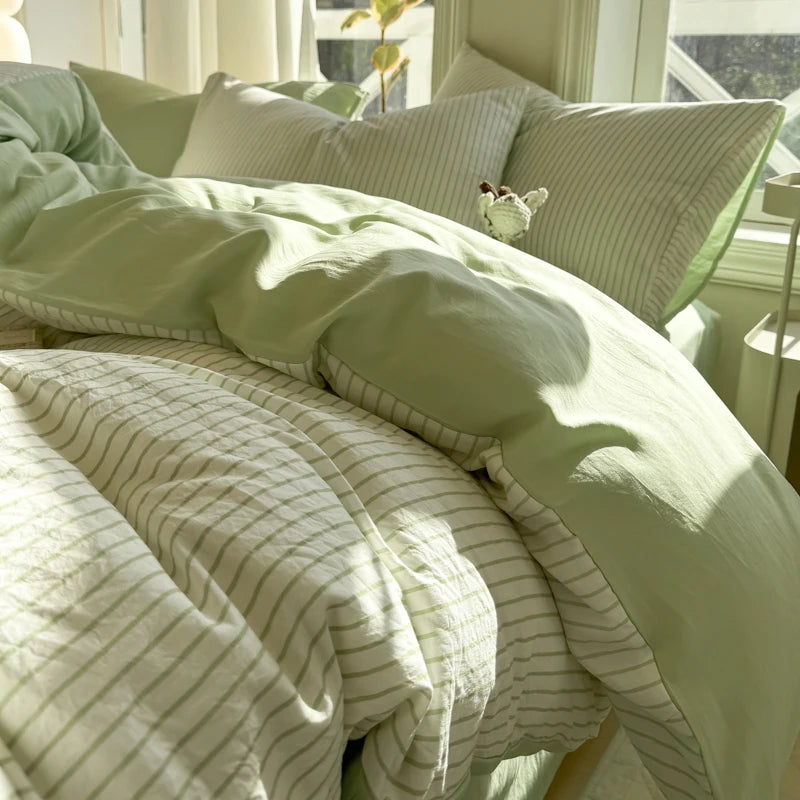 STORESDE Ins Stripes 100% Washed Cotton Bedding Set with Pillowcase Bed Sheet Quilt Cover Single Double King Queen Size Duvet Cover Set
