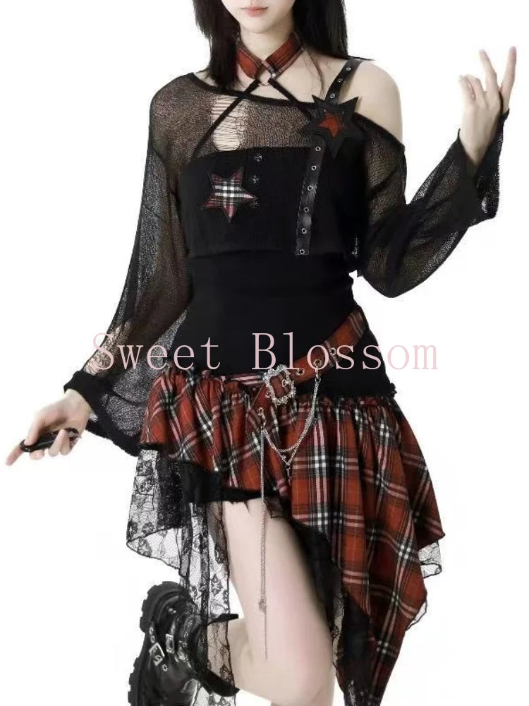 STORESDE Gothic Hot Girl American Fashion 2 Piece Set Women Black Blouse + Chic Irregular Dress New Pure Desire Slim Vintage Suit Summer