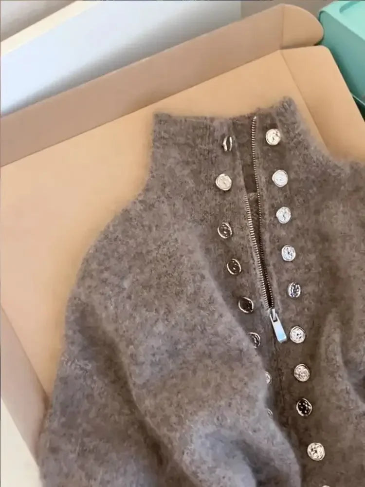 STORESDE Luxury Fluffy Knitted Cardigan Sweater Design Double Breasted Sweater Coat Women Autumn High-end Lazy Zipper 2000s Y2k Knit Top