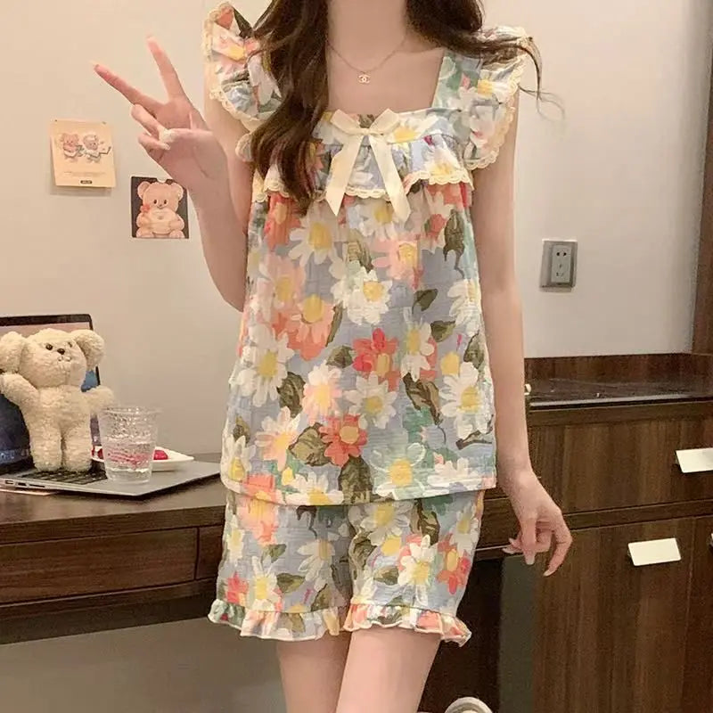 STORESDE Set Sexy Women Summer Pajamas Sleeveless Sleepwear Trousers Sets Short Sleeve Sleepwear Women's Pajama Sleeping Sleep Lounge
