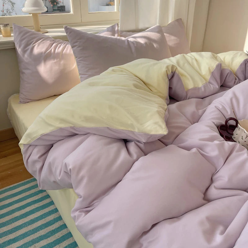 STORESDE Cotton Bedding Set 4pcs with Solid Bed Sheet Duvet Cover Pillowcases Single Couple Bedsheet King Queen Double Twin Size