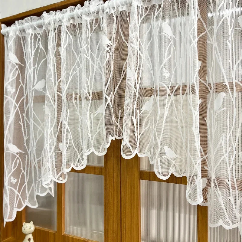 STORESDE 1pc Lace Bird Short Curtians for Kitchen Cafe Study Room Spring Pastoral Half Sheer Small Window Valance Drapes