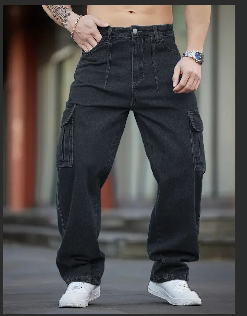 STORESDE Men's Deep Blue Washed Denim Workwear Jeans Casual Multiple Pockets Design Loose Wide Leg Trousers Y2K Style Cargo Pants