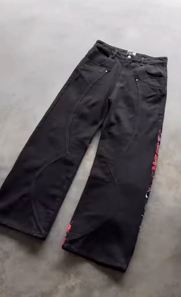 STORESDE Men's Black Wide Leg Jeans Samurai Cherry Blossom Print Red Spider Lily Graphic New Japanese Streetwear Baggy Denim Pants Women