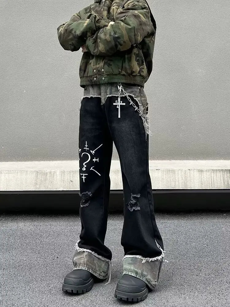 STORESDE 2025 Punk Y2K Style Camouflage Patchwork Graffiti Baggy Ripped Jeans Pants For Men Clothes Straight Long Trousers Pantalon Homme