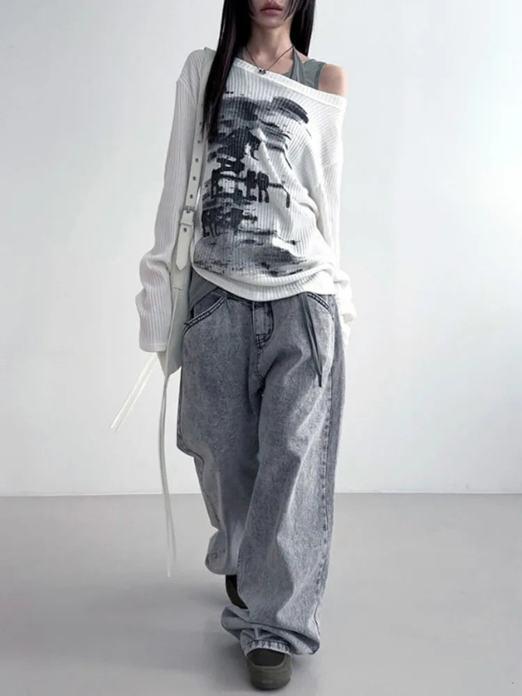 STORESDE Autumn Harajuku Women Vintage Print Tees Streetwear Grunge Skew Collar Graphic Tshirt Y2k Aesthetic Casual Hiphop Grunge Top