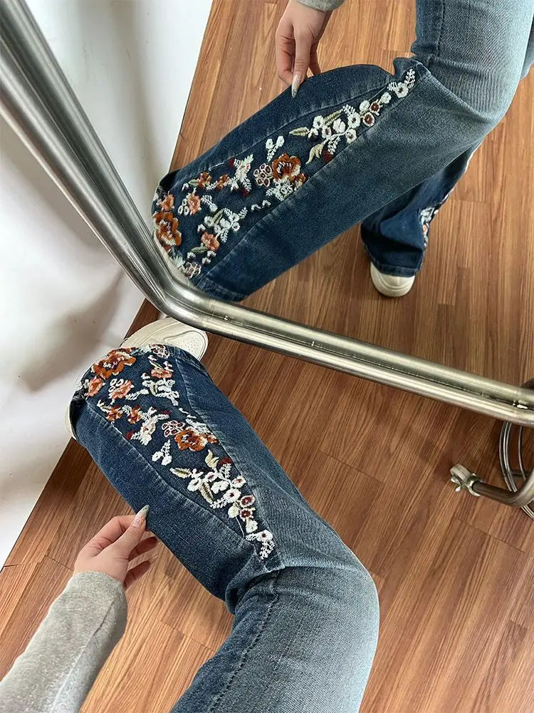 STORESDE American Niche Floral Embroidered Washed Jeans Woman Y2K Millennial Retro Street Casual Harajuku Hot Girl Micro-flare Slim Jeans