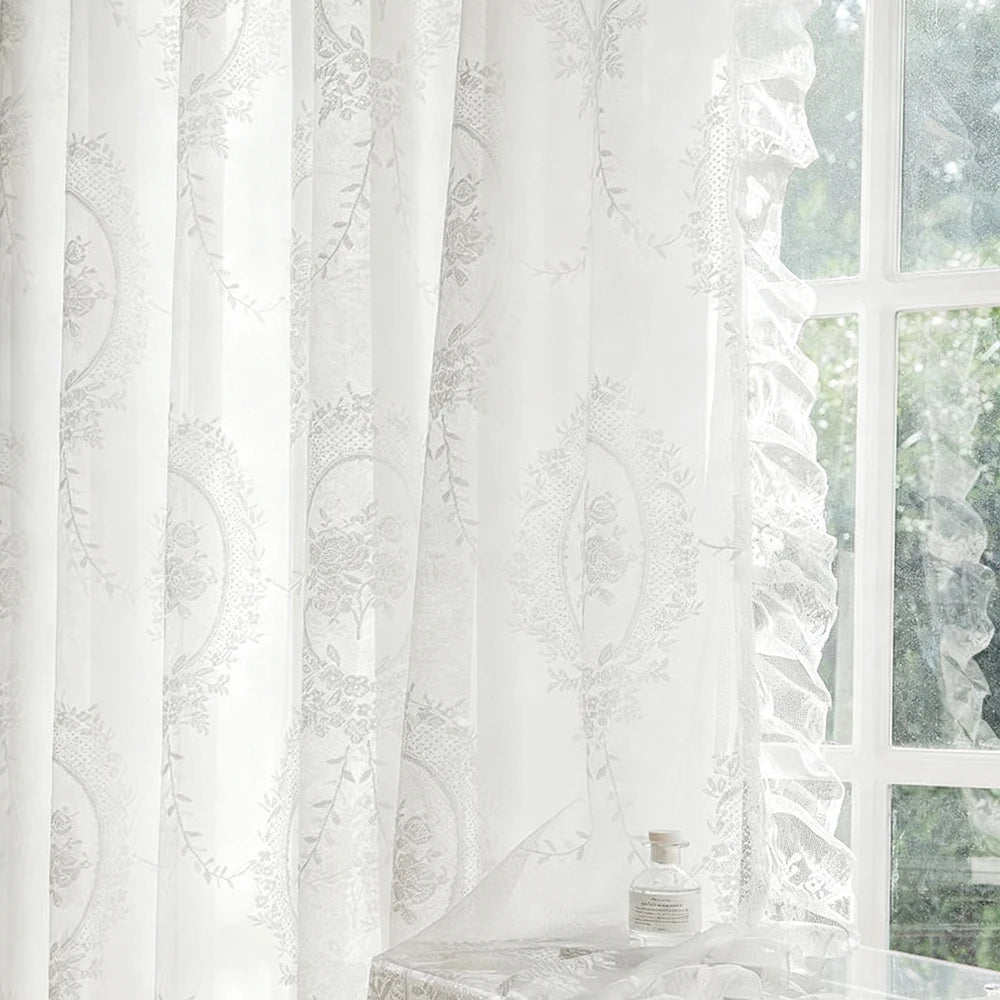 STORESDE French Vintage Ruffled Lace Embroidered Curtain Sheer, Bedroom Balcony Living Room Drapes, Light-Filtering Privacy Protection