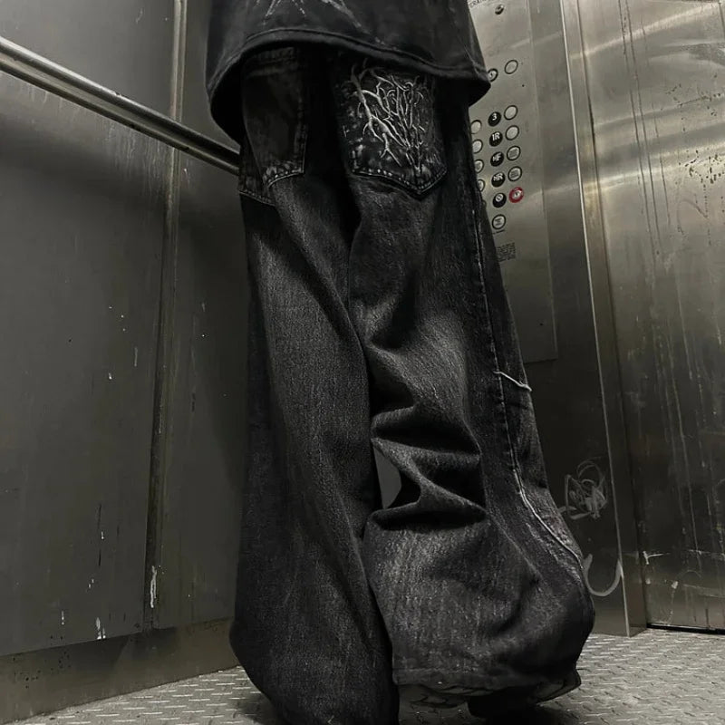 STORESDE Gothic Retro Oversized Baggy Fit Unisex Mopping Pants Y2K Phantom Jeans High Street Spider Embroidered Patch Hip Hop Streetwear