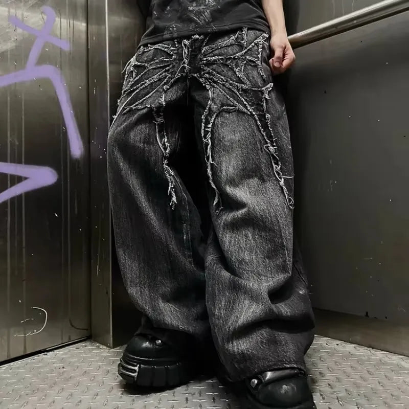 STORESDE Gothic Retro Baggy Unisex Mopping Pants Y2K Phantom Jeans High Street Spider Embroidered Patch Hip Hop Streetwear Straight Jeans