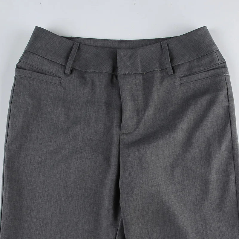 STORESDE Lucyever Grey Low Waisted Flared Pants Female Y2K High Street Retro Wide Leg Trousers Fashion Slim Pocket Office Lady Suit Pants
