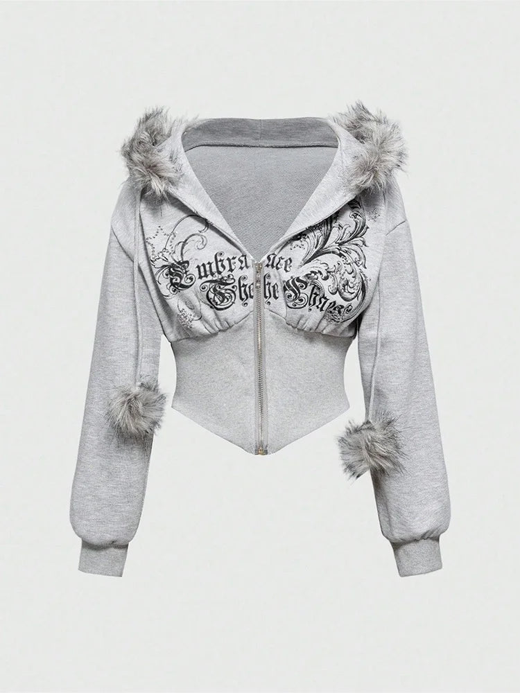STORESDE Winter Warm Gothic Print Hoodie Women's Faux Fur Crop Top Zip-Up Sweatshirt Fashion Y2K Streetwear Hooded Jacket 2026 New