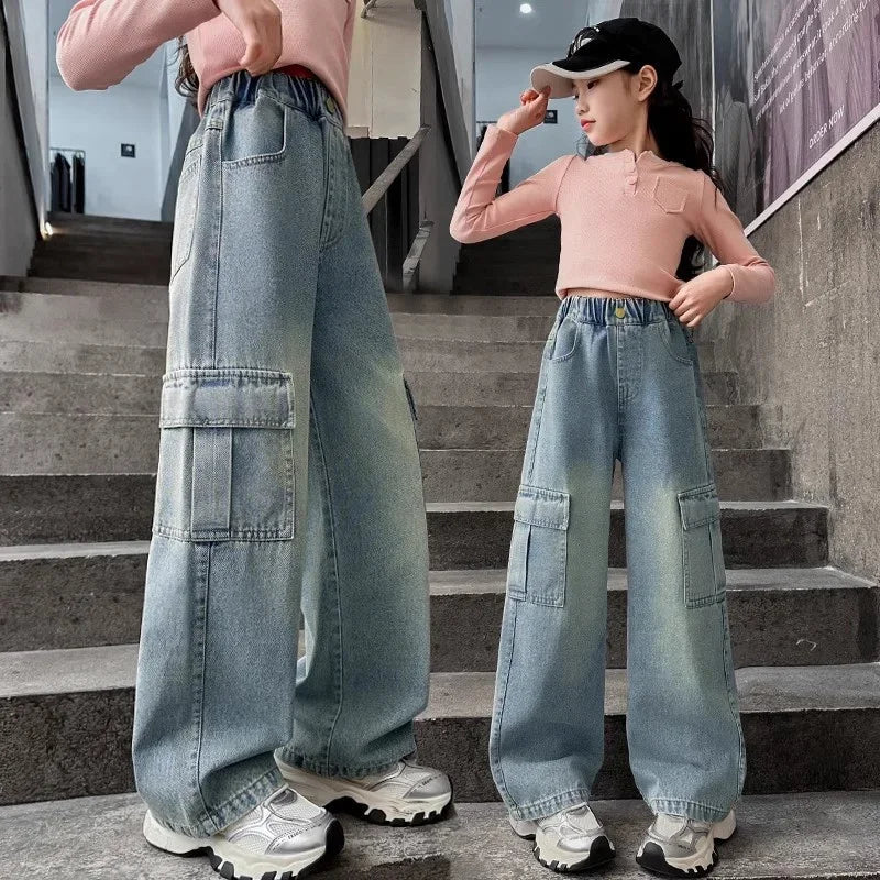 STORESDE Girls Cargo Jeans Kids Wide-legged Denim Pants Teenagers Fashion Streetwear Loose Trousers Children Casual Clothes 5-12Y