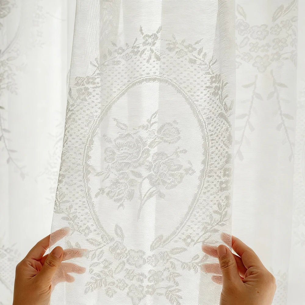 STORESDE French Vintage Ruffled Lace Embroidered Curtain Sheer, Bedroom Balcony Living Room Drapes, Light-Filtering Privacy Protection