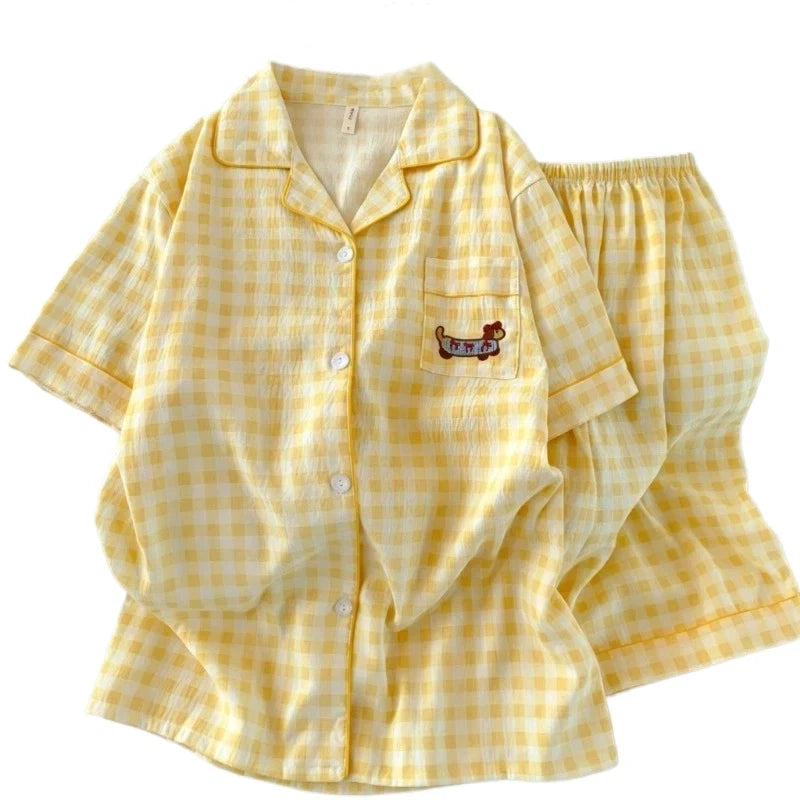 STORESDE Y2K Embroidery Plaid Dachshund 2PC Set Women's Pajamas Sweet Cute Short Sleeve Shorts Pajamas Lapel Neck New Summer Homewear