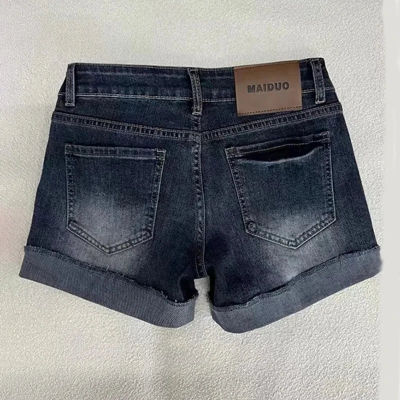 STORESDE Retro Roll Up Hem Deep Blue Denim Shorts Women Summer Sexy Low Rise Hip Covering Hot Pants American Distressed Washed Jean Short