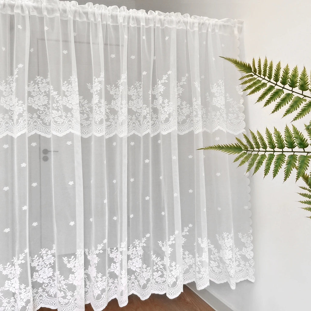 STORESDE 1PC White Short Lace Curtain,Cute Floral Pattern Kitchen Valance,Window Valances Pastoral Tulle Voile Home Decor Kitchen Door