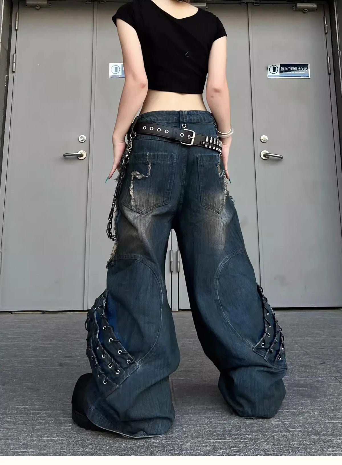 STORESDE Vintage Patchwork Distressed Jeans Hip Hop Loose Wide Leg Cargo Pants Women's Washed Distressed Denim Trousers