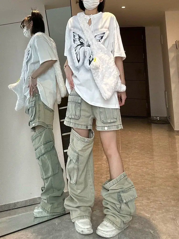 STORESDE American New Detachable Design Sense Tooling Jeans Female Y2K Fashion Gothic Retro High Street Straight Small Vibe Waisted Pants
