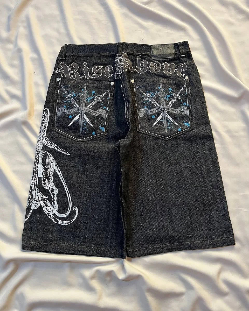 STORESDE American Washed Ecko Denim Shorts Mens Hip-hop Rock Street Fashion Pattern Straight Pants Harajuku Trend Wide Pants
