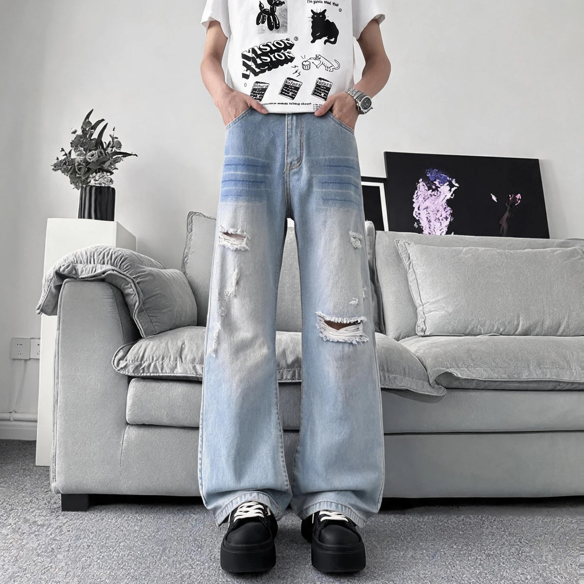 STORESDE Summer Men's Distressed Denim Pants 2026 New Gray Washed Ripped Loose Straight Leg Casual Streetwear Jeans