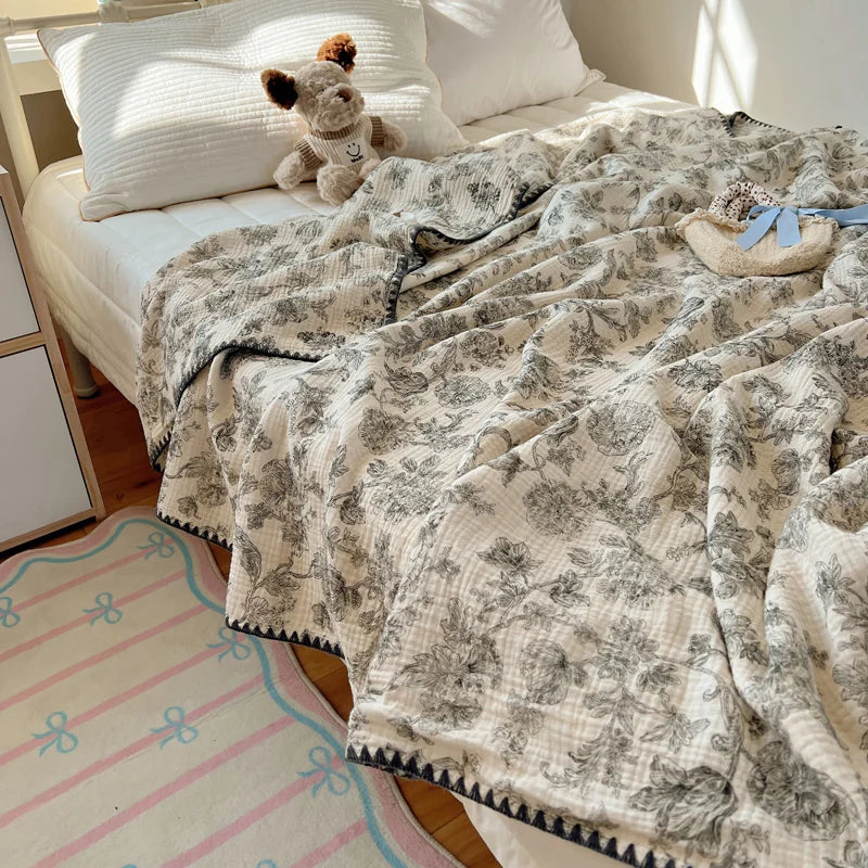 STORESDE 100% Cotton Blanket INS Style Pure Cotton Crepe Yarn Summer Blanket Single/Queen/King Size Cartoon Quilt for Kids Soft Plaids