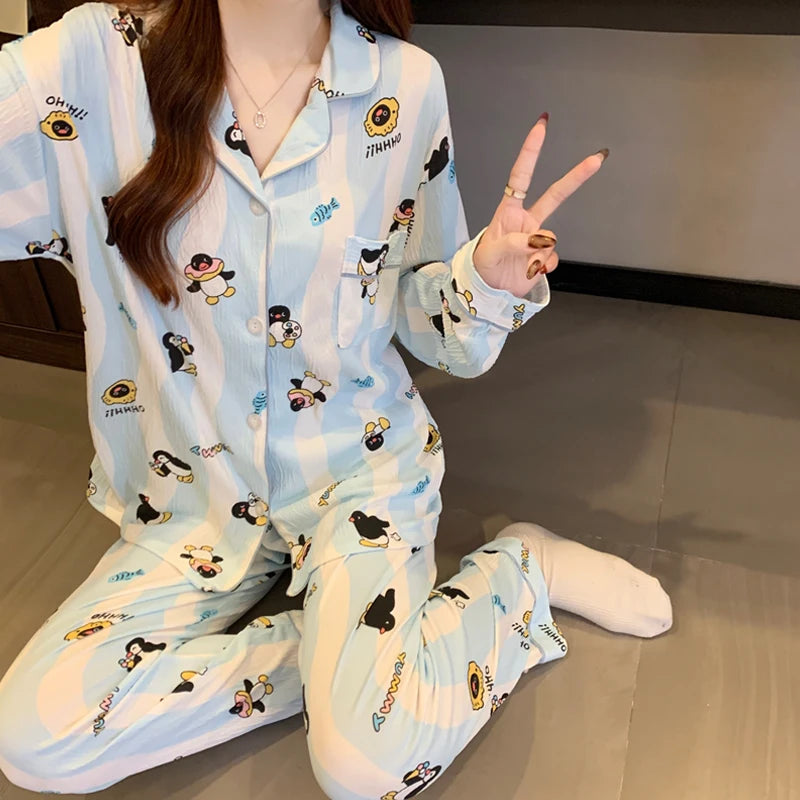 STORESDE Cartoon Cute Penguins Print Women's Pajamas Fashion Blue White Striped Milk Silk Homewear 2025 Spring Fall New Casual Sleepwear