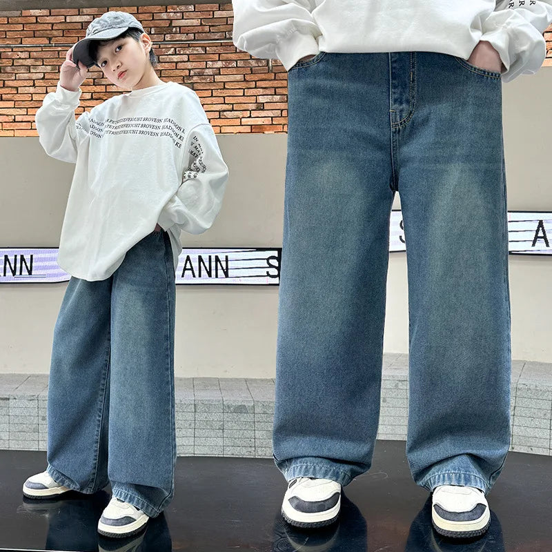 STORESDE New Arrival Boys Spring Autumn Jeans Trendy Streetwear Child Straight Leg Loose Wide Leg Denim Pants for Teenage Kids