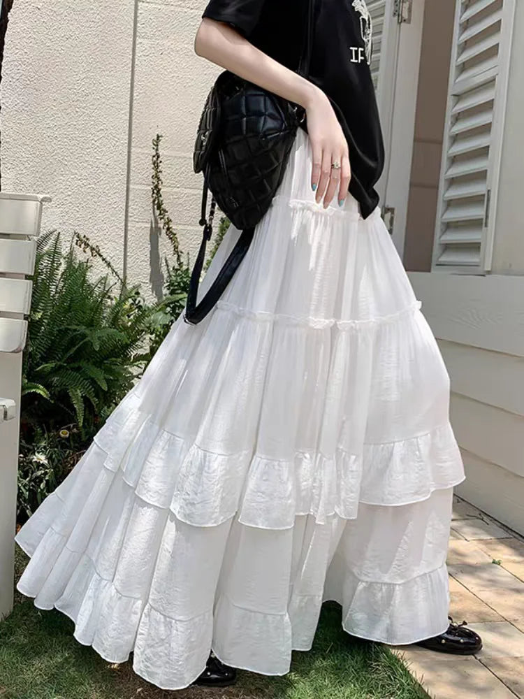 STORESDE White Tiered Ruffle Hem Skirt 2025 - High Waist Flowy A-Line Maxi Skirt, Summer Chiffon Layered Skirt with Pleats