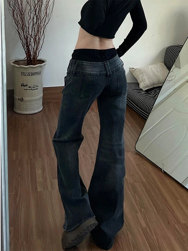 STORESDE American Retro Low Waisted Jeans for Women's New Style Loose and Personalized Spicy Girl Design Washed Micro Flared Pants
