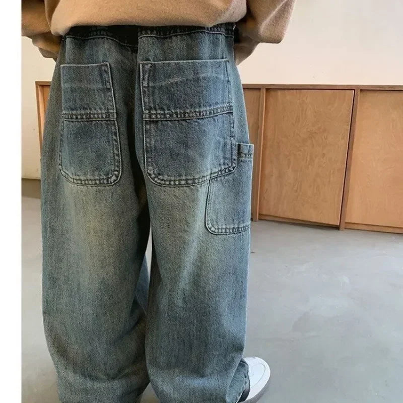 STORESDE Children's Retro Jeans Loose Straight Pants Wide Leg Pants for Boys and Girls 2025 New Spring Autumn Kid's Denim Pocket Trousers