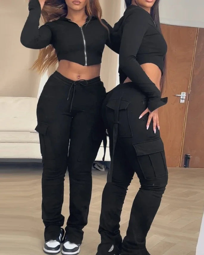STORESDE Zipper Design with Exposed Navel Hooded Sweatshirt and Drawstring V-Shaped Waistline Work Pants, Sports Pants Long Pants Set
