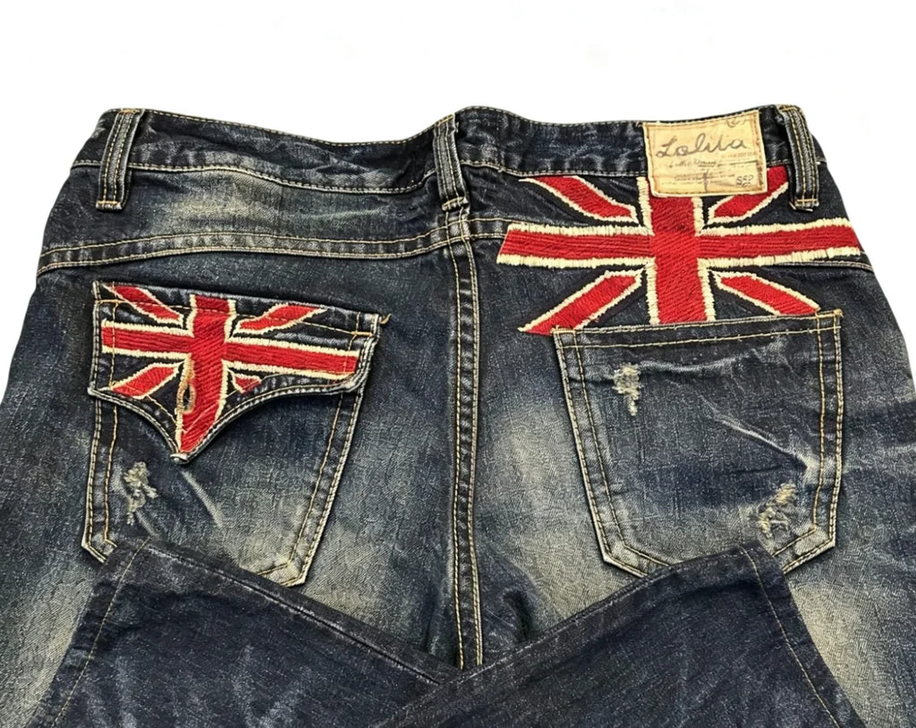 STORESDE Y2K Vintage British Embroidered Denim Washed Blue Denim Mid Stretch Straight Wide Leg Jeans High Street Hip Hop Work Pants