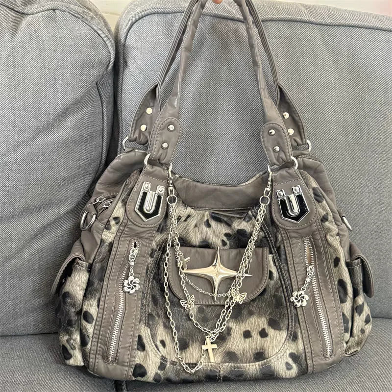 STORESDE Grey Leopard Print Hangbag Cross Star Subculture Y2k Shoulder Bags Hot Girl Tote Large Capacity Portable Messenger Bag 2026 New