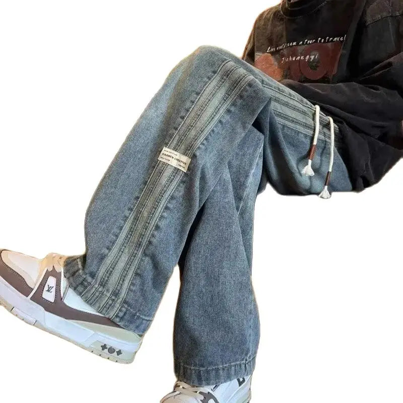 STORESDE Three bar American retro jeans men's spring and autumn new style high street elastic waist loose casual men's straight leg long