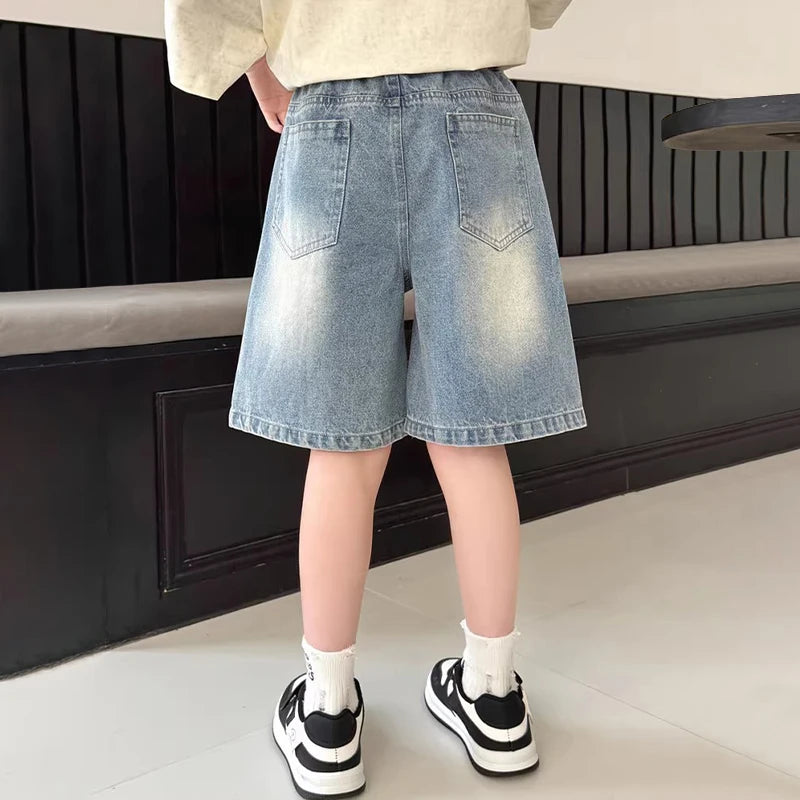 STORESDE New Summer Girls Denim Shorts Cartoon Hello Kitty Fashion Loose Knee Length Jeans Pants For 4-14 Years Teen Kids Casual Trousers