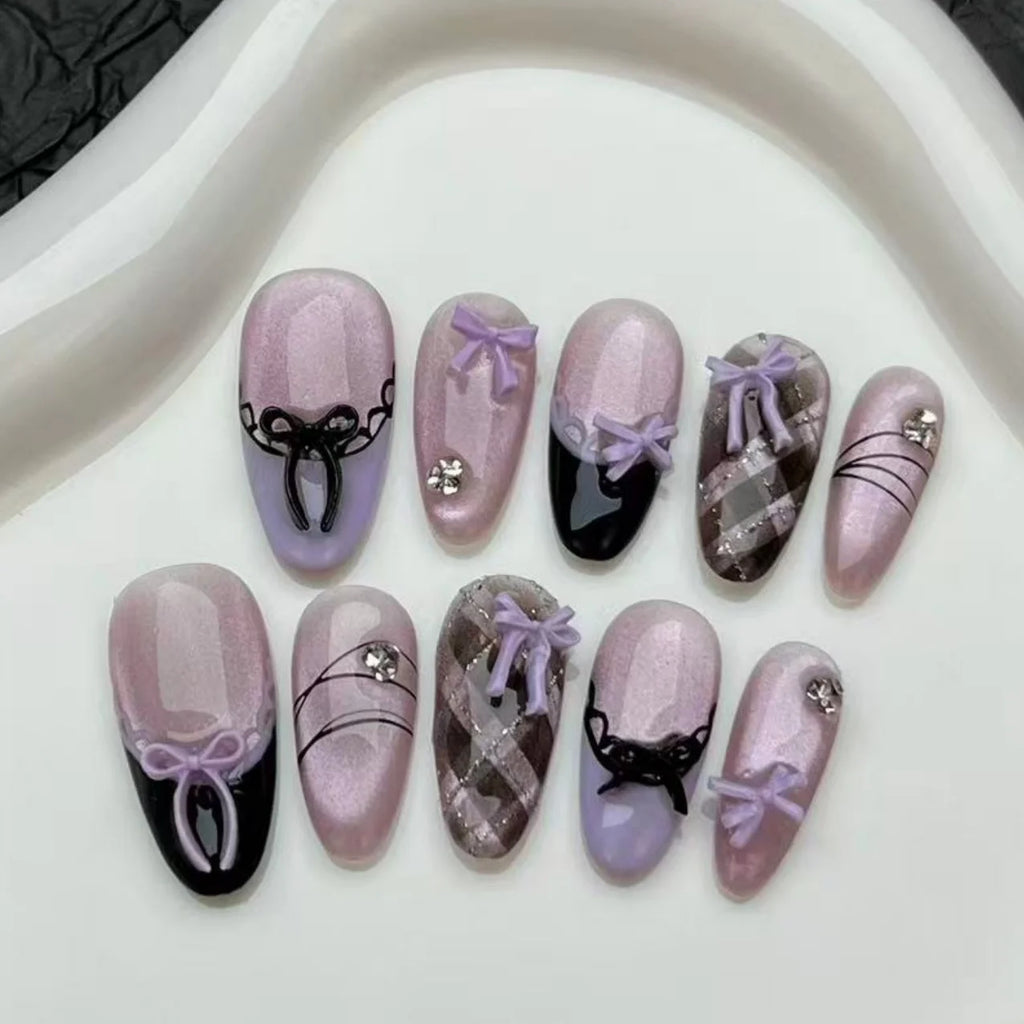 STORESDE 10pcs Purple Cat's Eye Handmade Fake Nails Tips Glitter Mid-length Oval Press on Nails Art Bow Rhinestone Design False Nail Sets