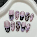 STORESDE 10pcs Purple Cat's Eye Handmade Fake Nails Tips Glitter Mid-length Oval Press on Nails Art Bow Rhinestone Design False Nail Sets