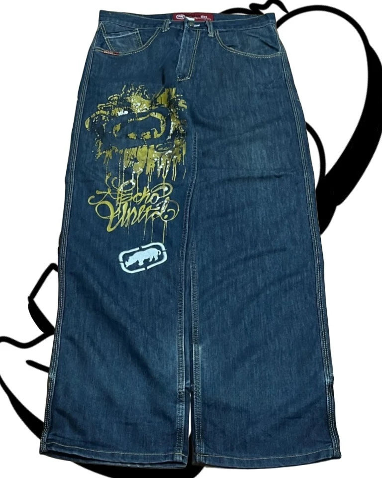 STORESDE American Fashion Printing Jeans Hip Hop Baggy Cross-legged Jeans Grey Wash Straight Mop Pants Men and Women