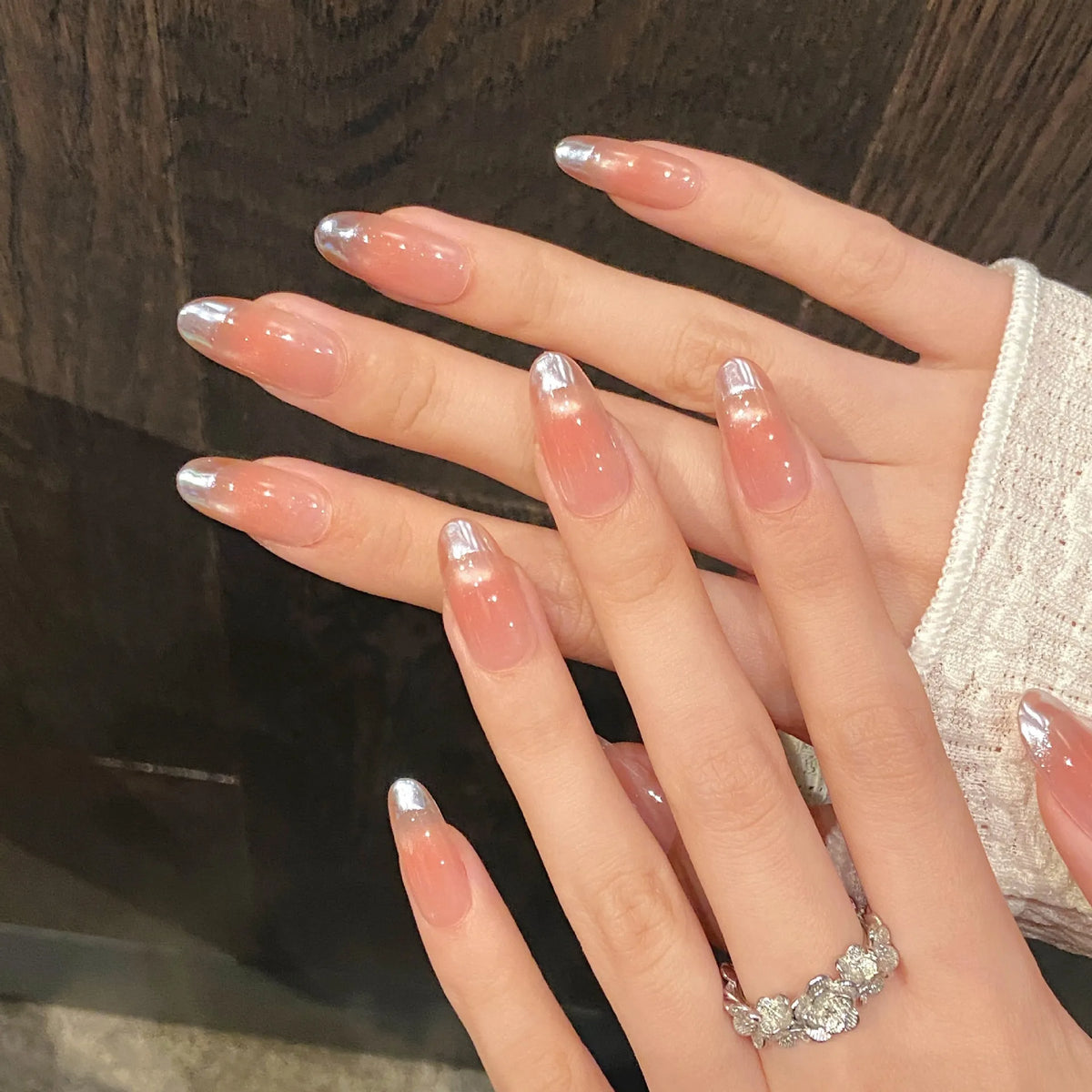 STORESDE 10pcs Handmade Press on Nails Sweet Pink Blush French Cat Eye Fake Nails Wearable Full Cover Pink Peach Cat Eye Fake Nails