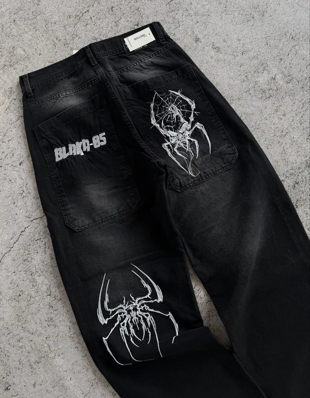 STORESDE Hip Hop Gothic Retro Spider Pattern Embroidery Baggy Jeans Y2k America Trendy Punk Mens Straight Wide Leg Denim Pants Black Jean