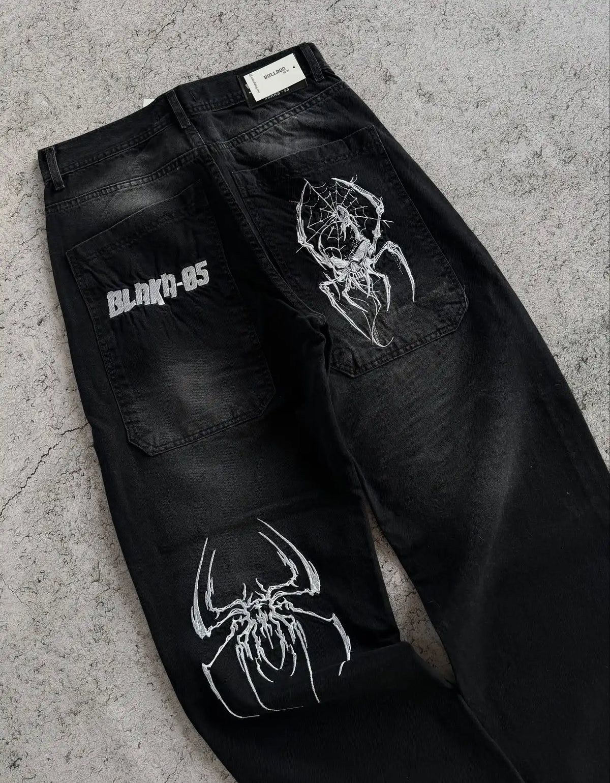 STORESDE Hip Hop Gothic Retro Spider Pattern Embroidery Baggy Jeans Y2k America Trendy Punk Mens Straight Wide Leg Denim Pants Black Jean